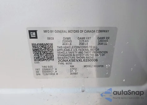 2020 Chevrolet Equinox Awd Ls из США, поврежденный, VIN 2GNAXSEVXL6150006